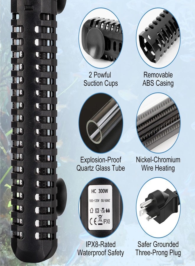 سخان حوض السمك: سخان حوض سمك بقوة 300 واط، تحكم خارجي في درجة الحرارة، نظام ذكي لإيقاف تشغيل الماء تلقائيًا، سخان غاطس لأحواض السمك من 20 إلى 75 جالونًا، مناسب للمياه العذبة والمالحة - Image 2
